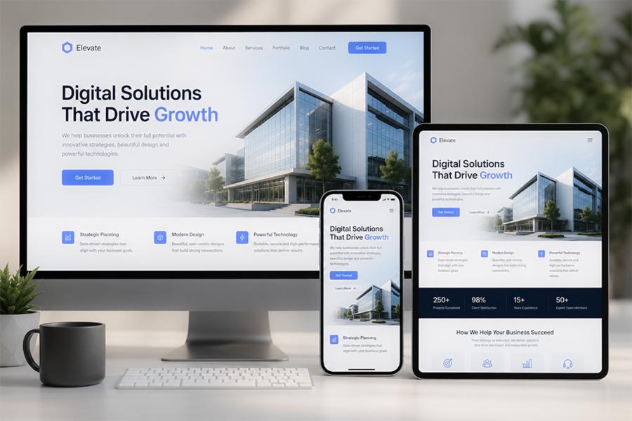 A responsive business website on desktop, tablet and mobile