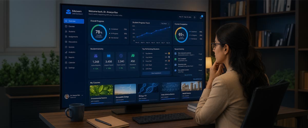 A modern LMS analytics dashboard tracking student progress